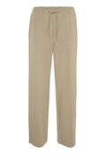 Beige, locker sitzende Hose mit elastischem Bund, verstellbarem Kordelzug und seitlichen Taschen. Glatte Textur und gerades Bein Design.