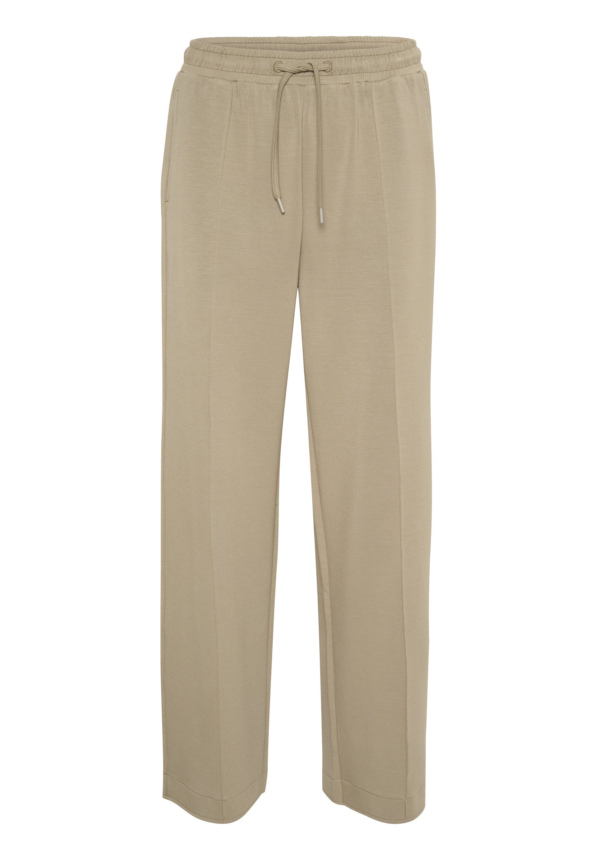 Beige, locker sitzende Hose mit elastischem Bund, verstellbarem Kordelzug und seitlichen Taschen. Glatte Textur und gerades Bein Design.