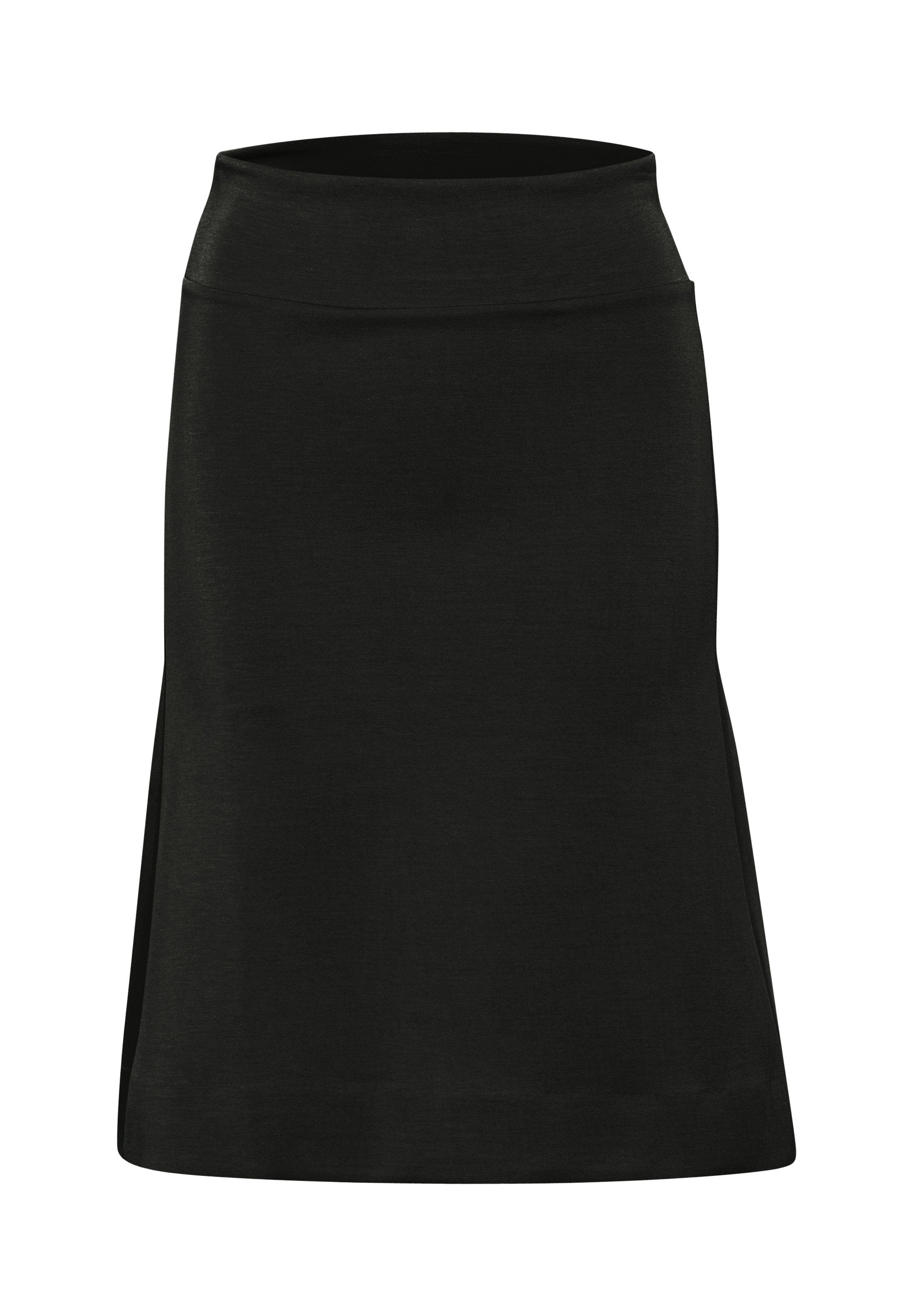 Schwarze Rock mit einer taillierten Taille und ausgestellt geschnittenem Saum. Hergestellt aus einem glatten Material, ohne sichtbare Muster oder Hardware-Akzente.