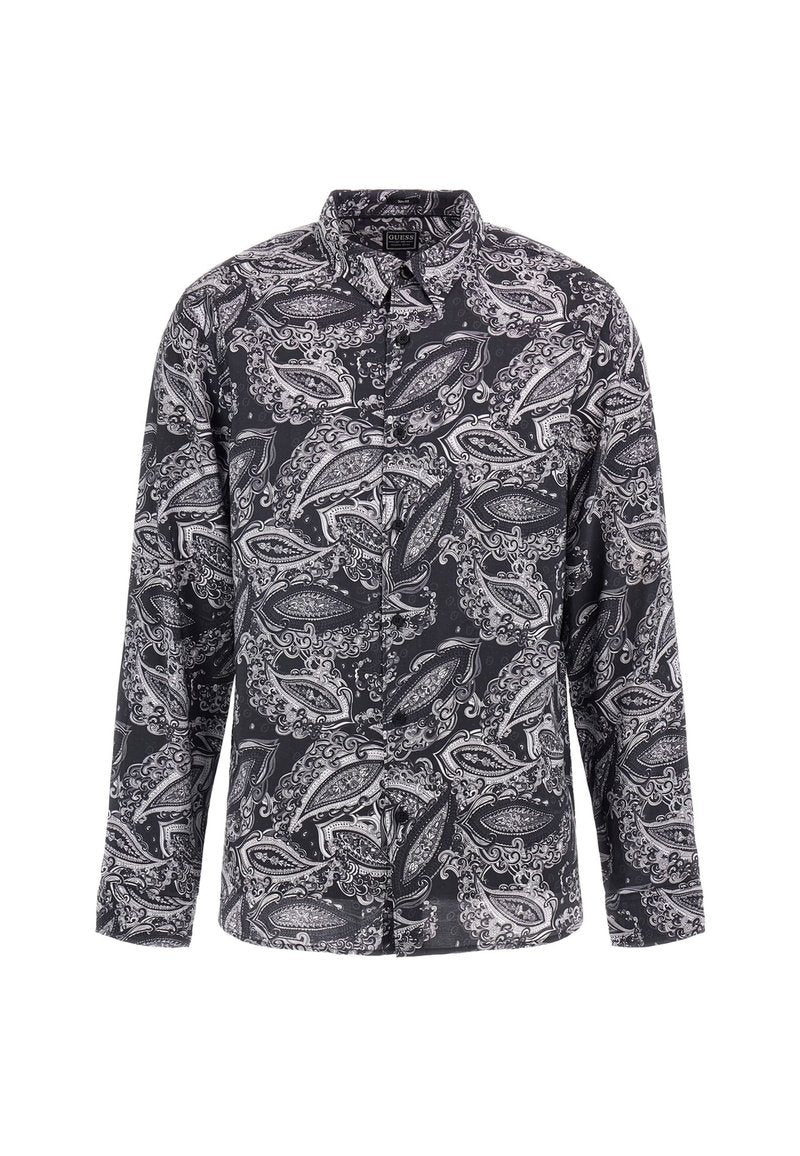 Langärmliges Hemd im schwarz-weißen Paisley-Muster, aus leichtem Stoff gefertigt, mit klassischem Kragen und Knopfverschluss vorne.