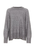 Grauer gestrickter Pullover mit Rundhalsausschnitt, langen Ärmeln und lockerer Passform, mit gerippten Bündchen und Saum. Weiches, strukturiertes Material.