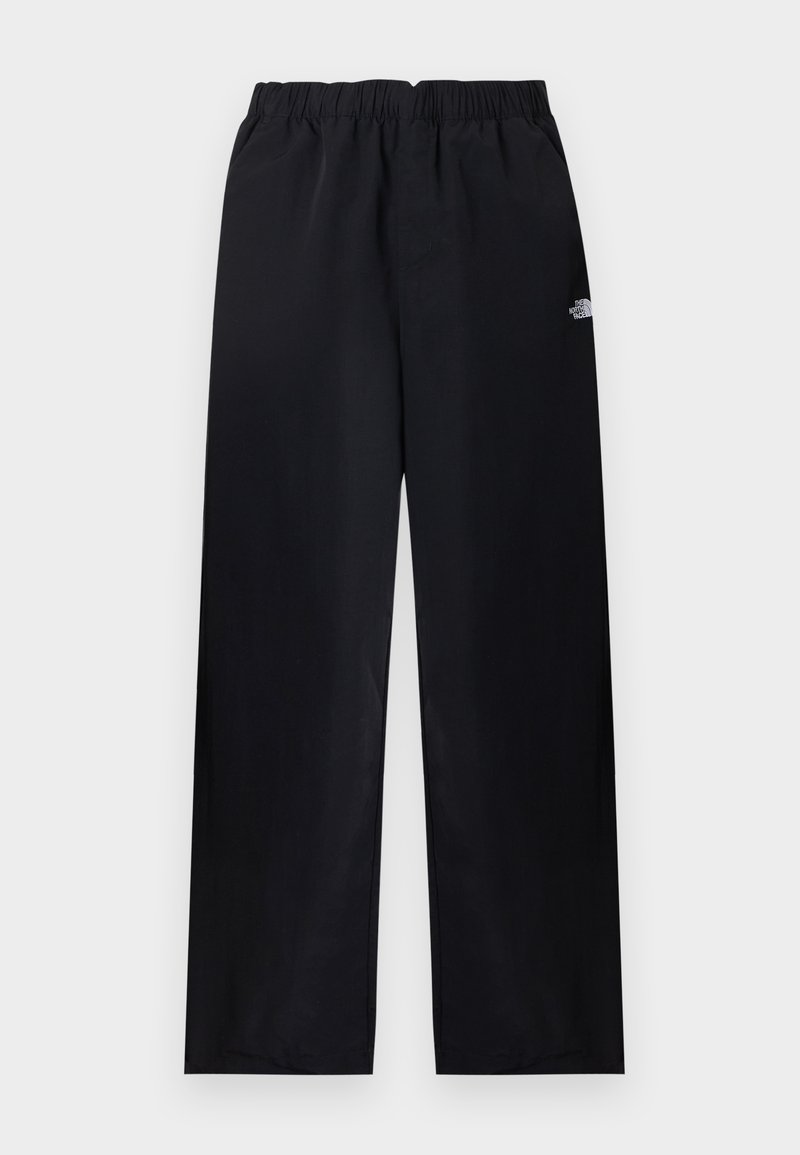 Schwarze Hose mit geradem Bein und elastischem Bund, kleines weißes Logo am oberen rechten Oberschenkel, flach auf hellem Hintergrund dargestellt.