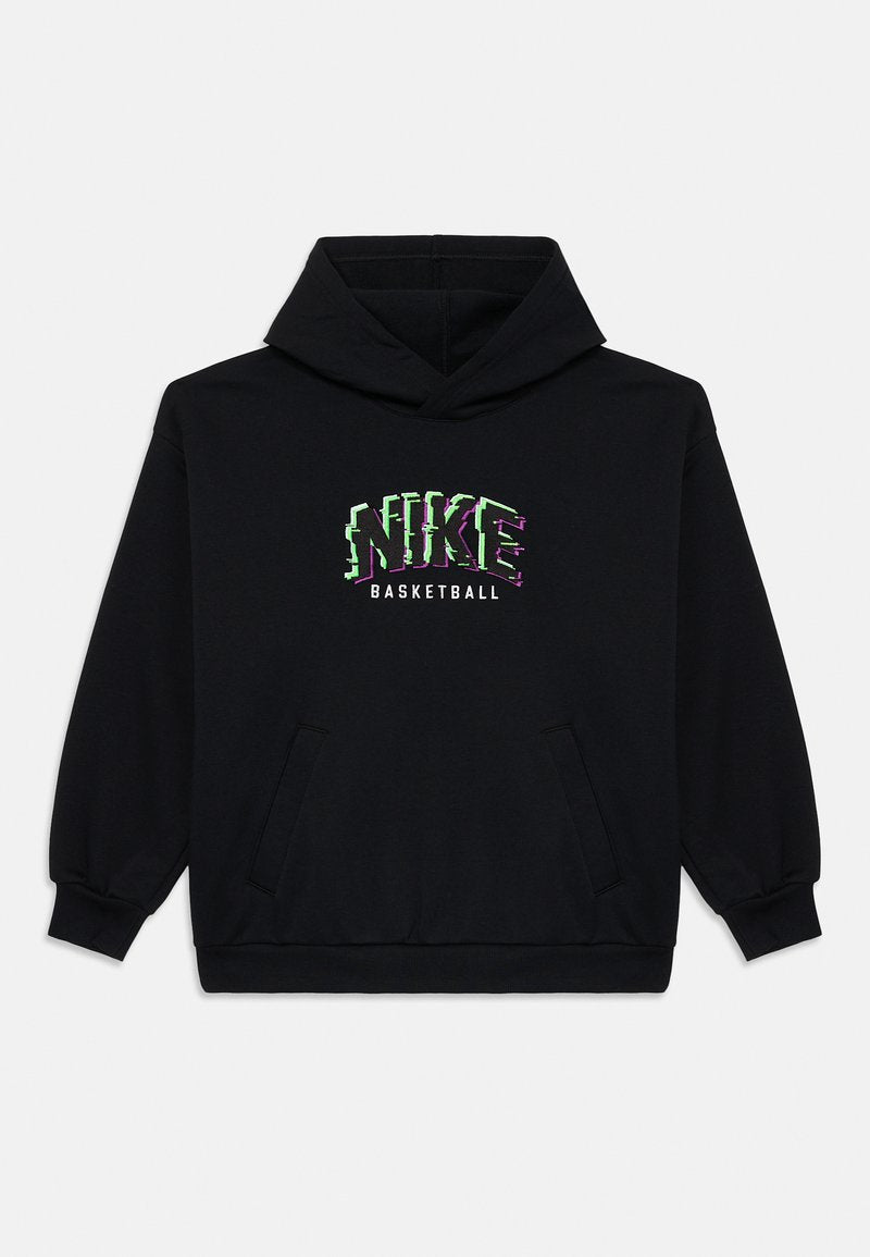 Schwarzer Hoodie aus Baumwolle mit einer Fronttasche. Mit einem mehrfarbigen "NIKE BASKETBALL"-Grafik auf der Brust.