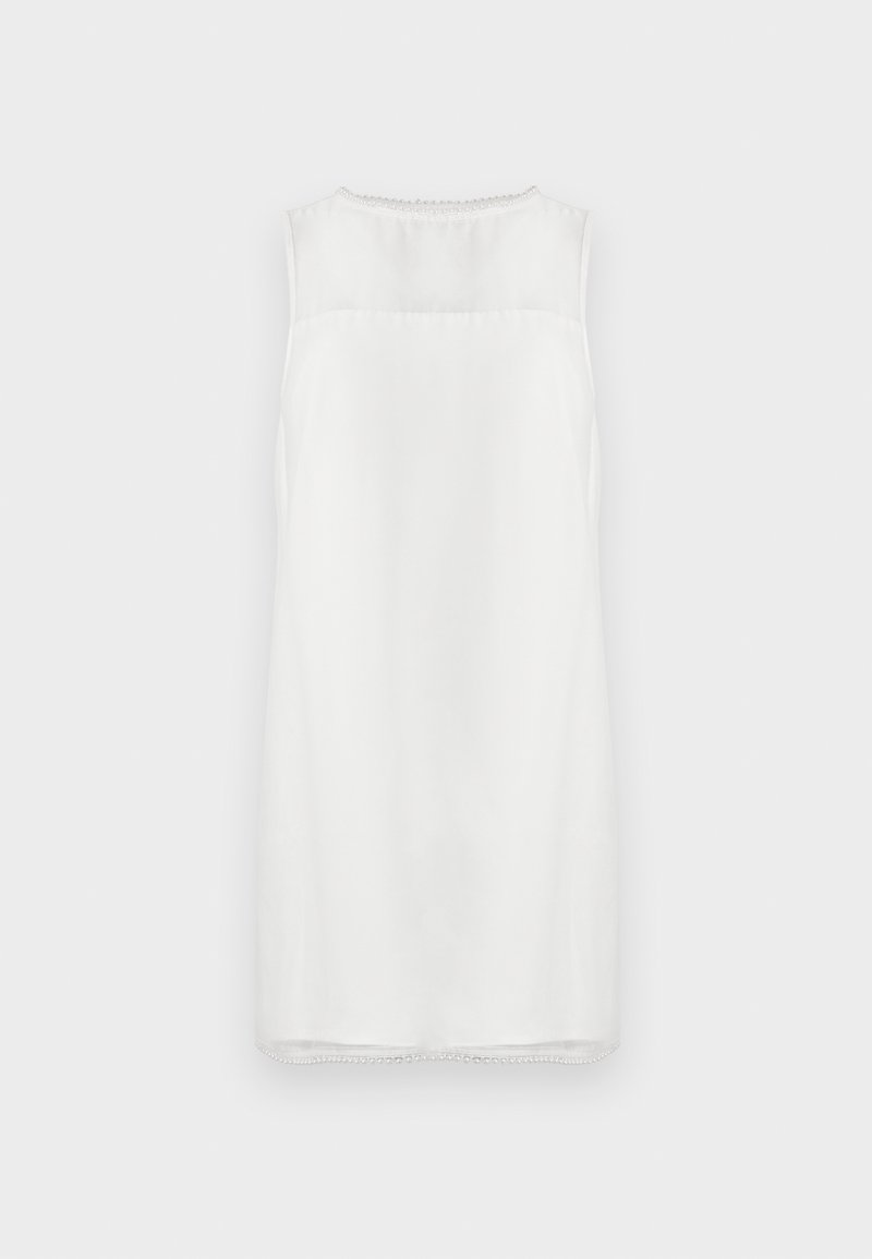 Ärmelloses weißes knielanges Kleid mit transparentem oberen Brustbereich und feiner Perlenzier am Ausschnitt und Saum.