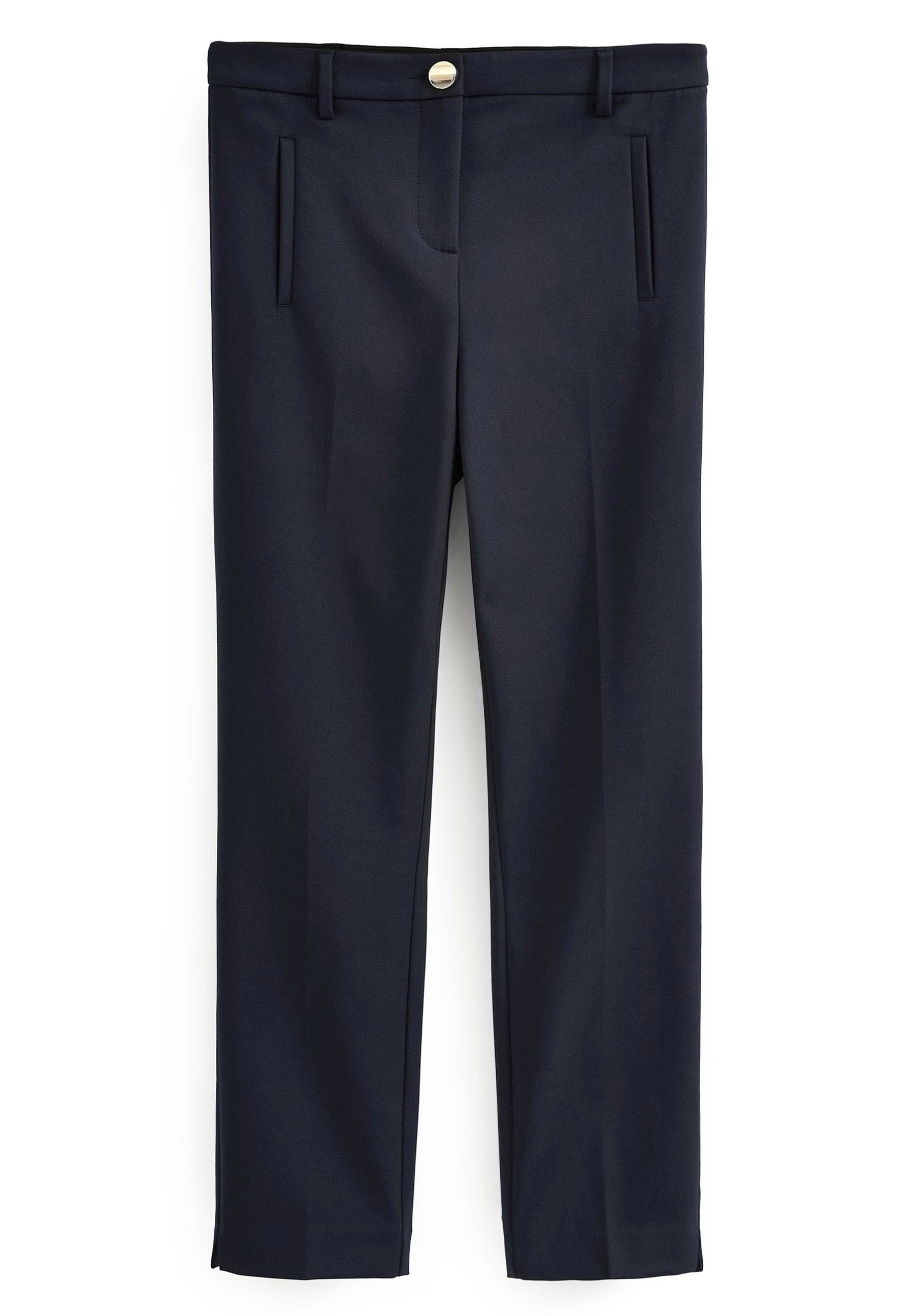 Navyblaue gerade geschnittene Hose mit Gürtelschlaufen, Knopfverschluss, seitlichen Schlitztaschen und einer maßgeschneiderten flachen Vorderseite.