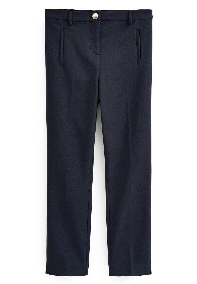 Navyblaue gerade geschnittene Hose mit Gürtelschlaufen, Knopfverschluss, seitlichen Schlitztaschen und einer maßgeschneiderten flachen Vorderseite.