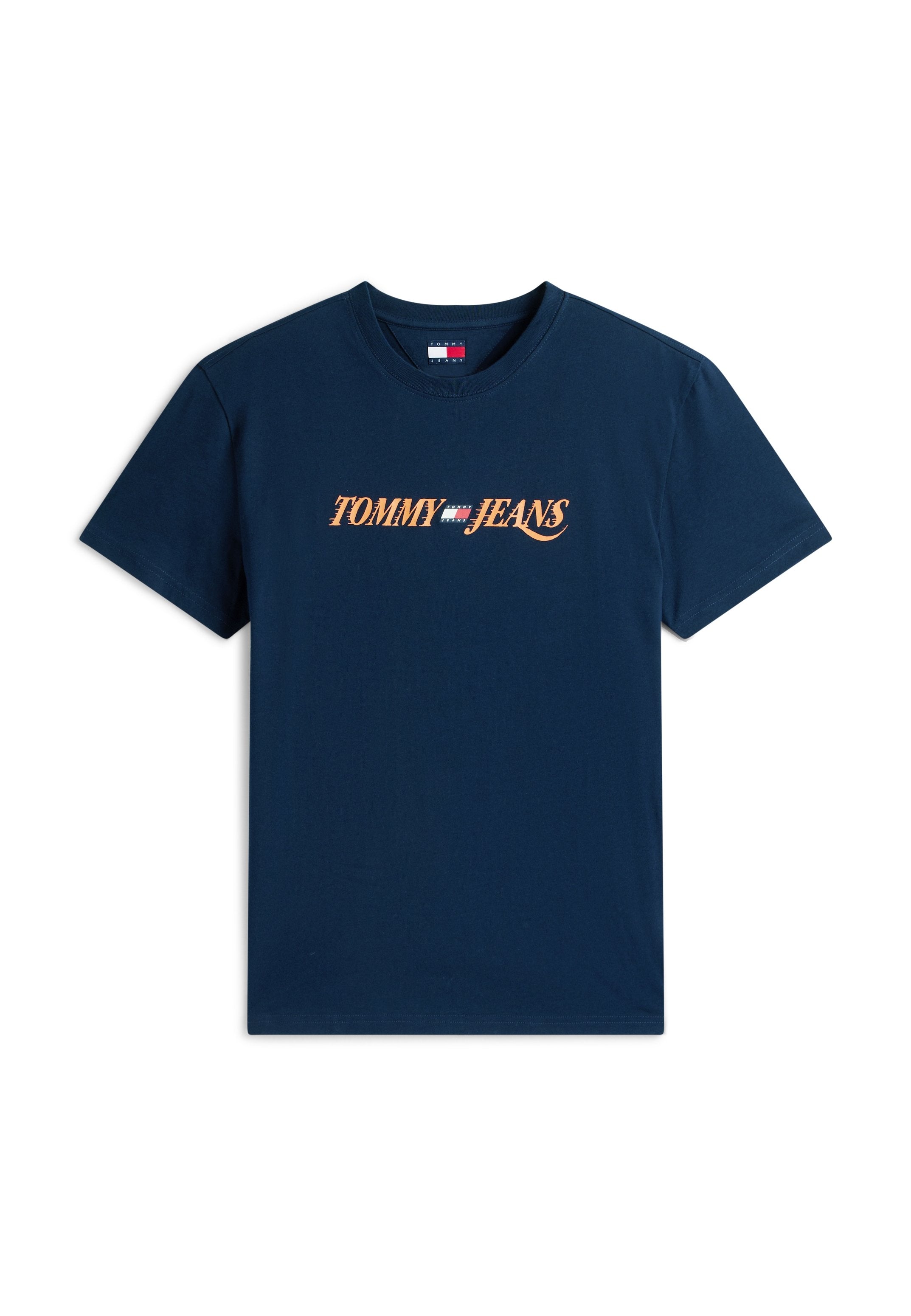 Marineblaue kurzärmelige T-Shirt mit dem Schriftzug "TOMMY JEANS" und einem kleinen rot-weiß-blauen Flaggenlogo mittig auf der Brust.