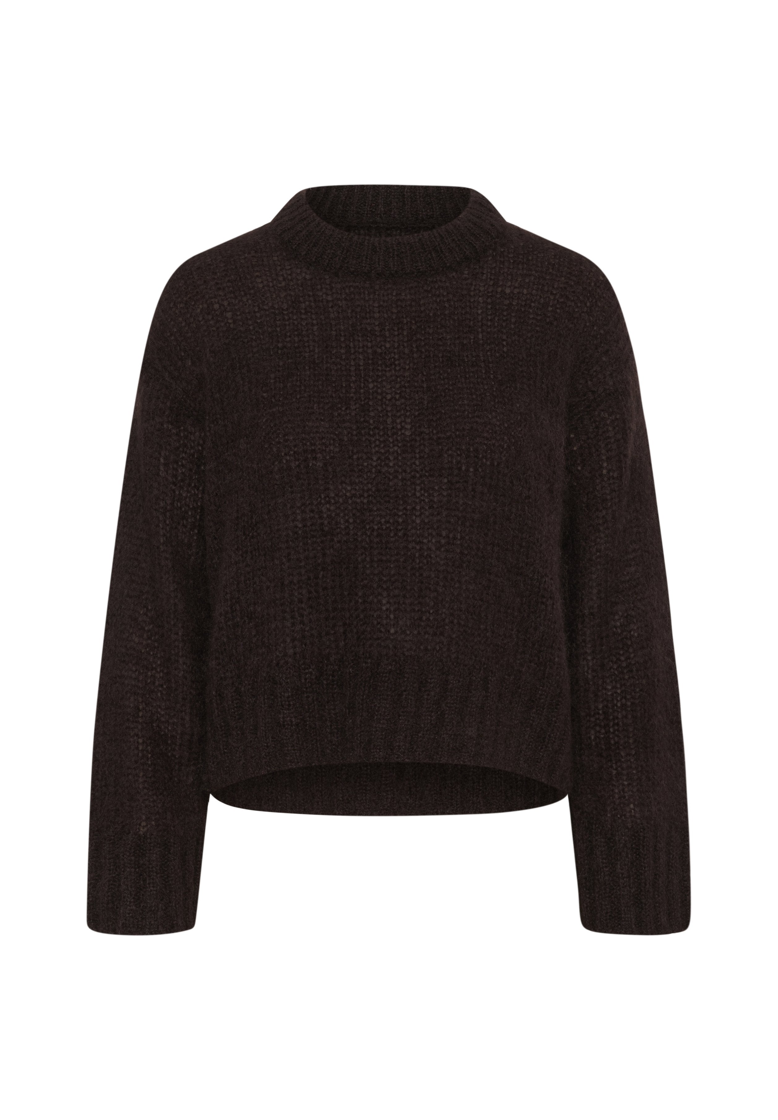 Dunkelbrauner Wollpullover mit rundem Ausschnitt, verkürzter Silhouette und langen Ärmeln. Verfügt über ein strukturiertes Strickmuster.