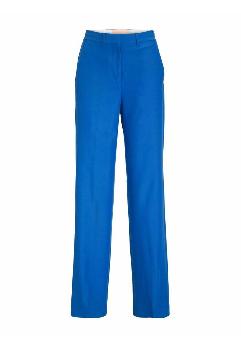 Blaue maßgeschneiderte Hose mit geradem Bein, ausgestattet mit einer glatten Textur und einem klassischen Bund. Keine sichtbaren Muster oder Verzierungen.