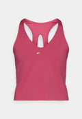 Rosa Nike Sport-BH mit Netzrücken, tiefem V-Ausschnitt und Ausschnitt-Detail. Kleines silbernes Logo auf der Vorderseite. Weiches, dehnbares Material.