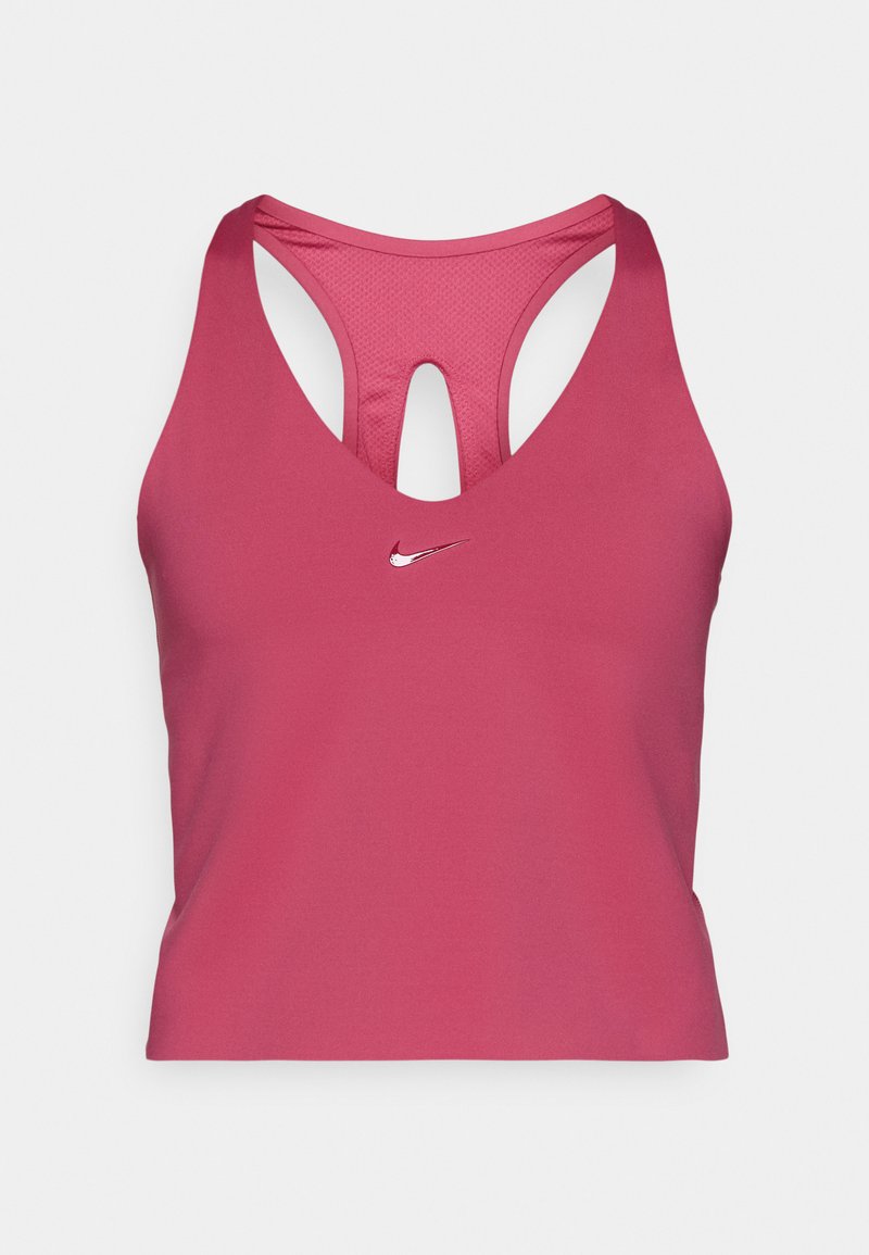 Rosa Nike Sport-BH mit Netzrücken, tiefem V-Ausschnitt und Ausschnitt-Detail. Kleines silbernes Logo auf der Vorderseite. Weiches, dehnbares Material.