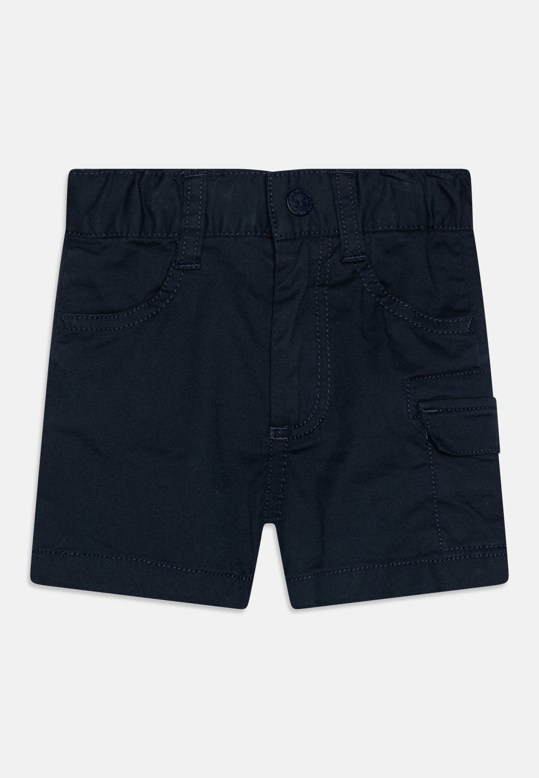Dunkelblaue Shorts aus Baumwolle, mit einem elastischen Bund, zwei vorderen Taschen und einer seitlichen Cargo-Tasche mit Nahtakzenten.