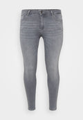 Graue Skinny-Jeans aus Denim mit mittelhoher Taille, Fünf-Taschen-Design, subtiler Verwaschung und Standard-Knopfverschluss.