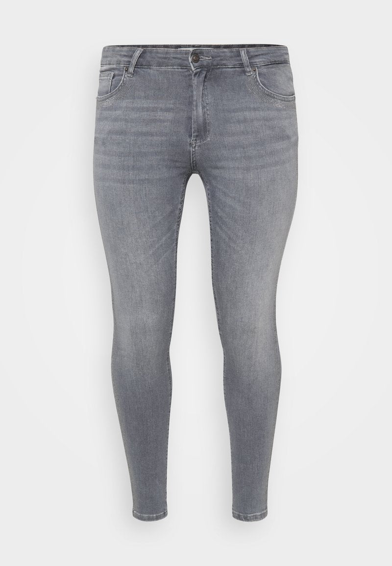 Graue Skinny-Jeans aus Denim mit mittelhoher Taille, Fünf-Taschen-Design, subtiler Verwaschung und Standard-Knopfverschluss.
