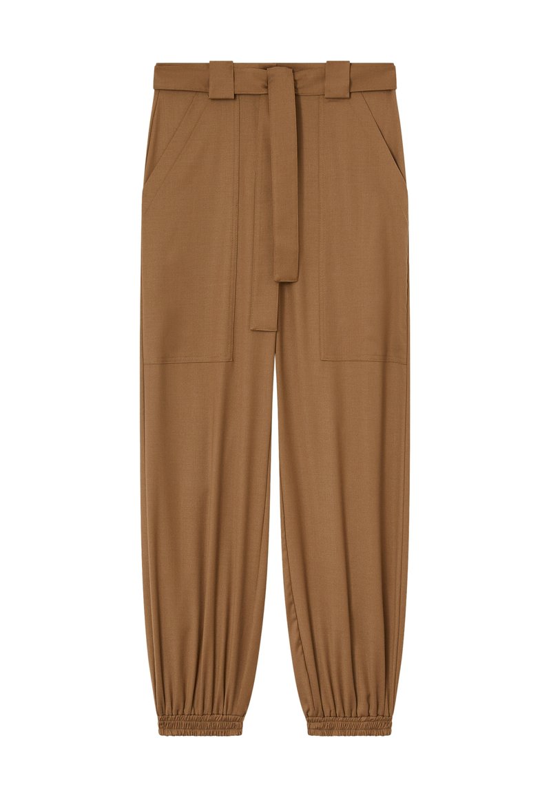 Braune, taillierte Hose mit elastischem Knöchel, Seitentaschen und passendem Gürtel. Hergestellt aus einem glatten, leichten Stoff.