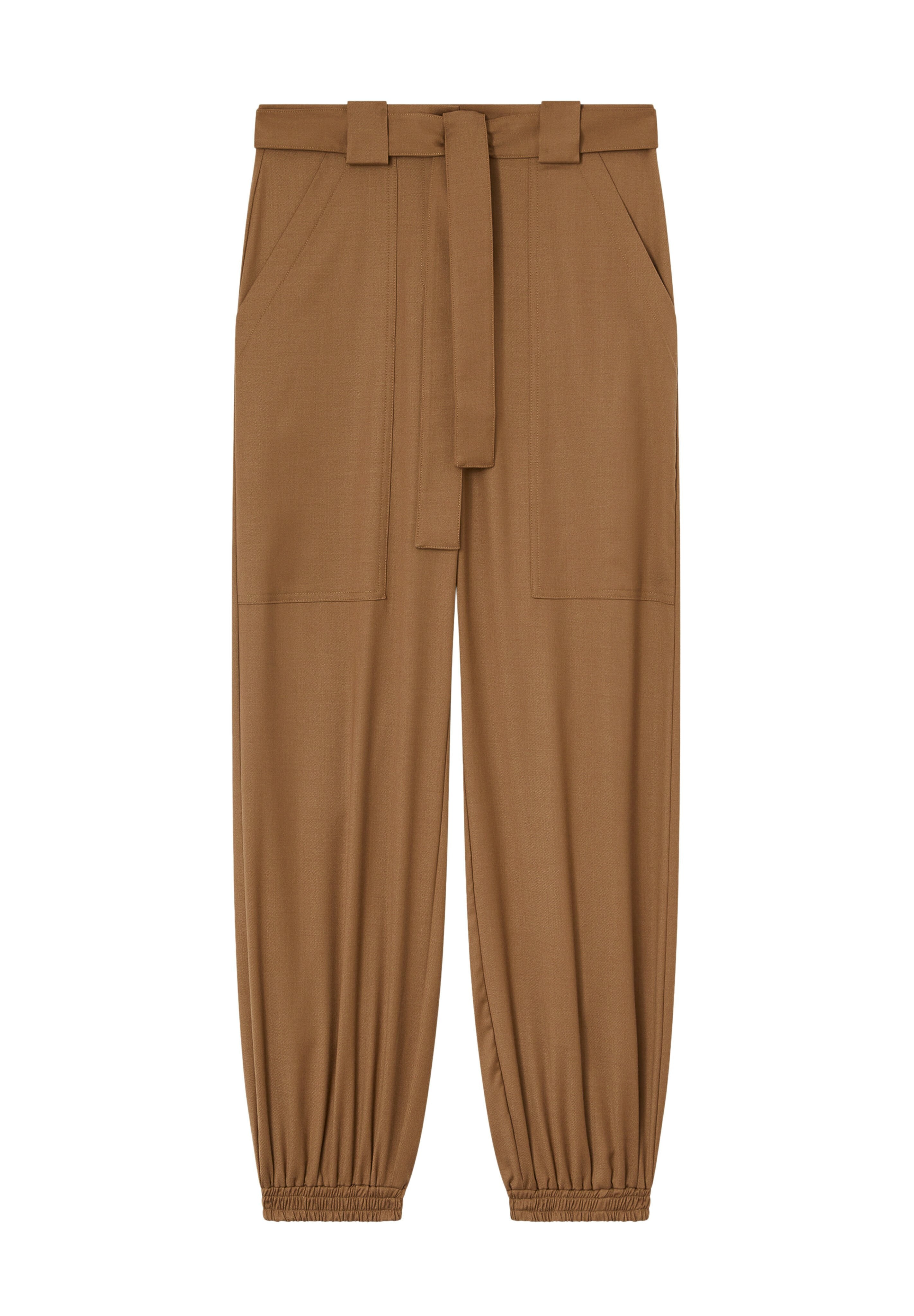 Braune, taillierte Hose mit elastischem Knöchel, Seitentaschen und passendem Gürtel. Hergestellt aus einem glatten, leichten Stoff.