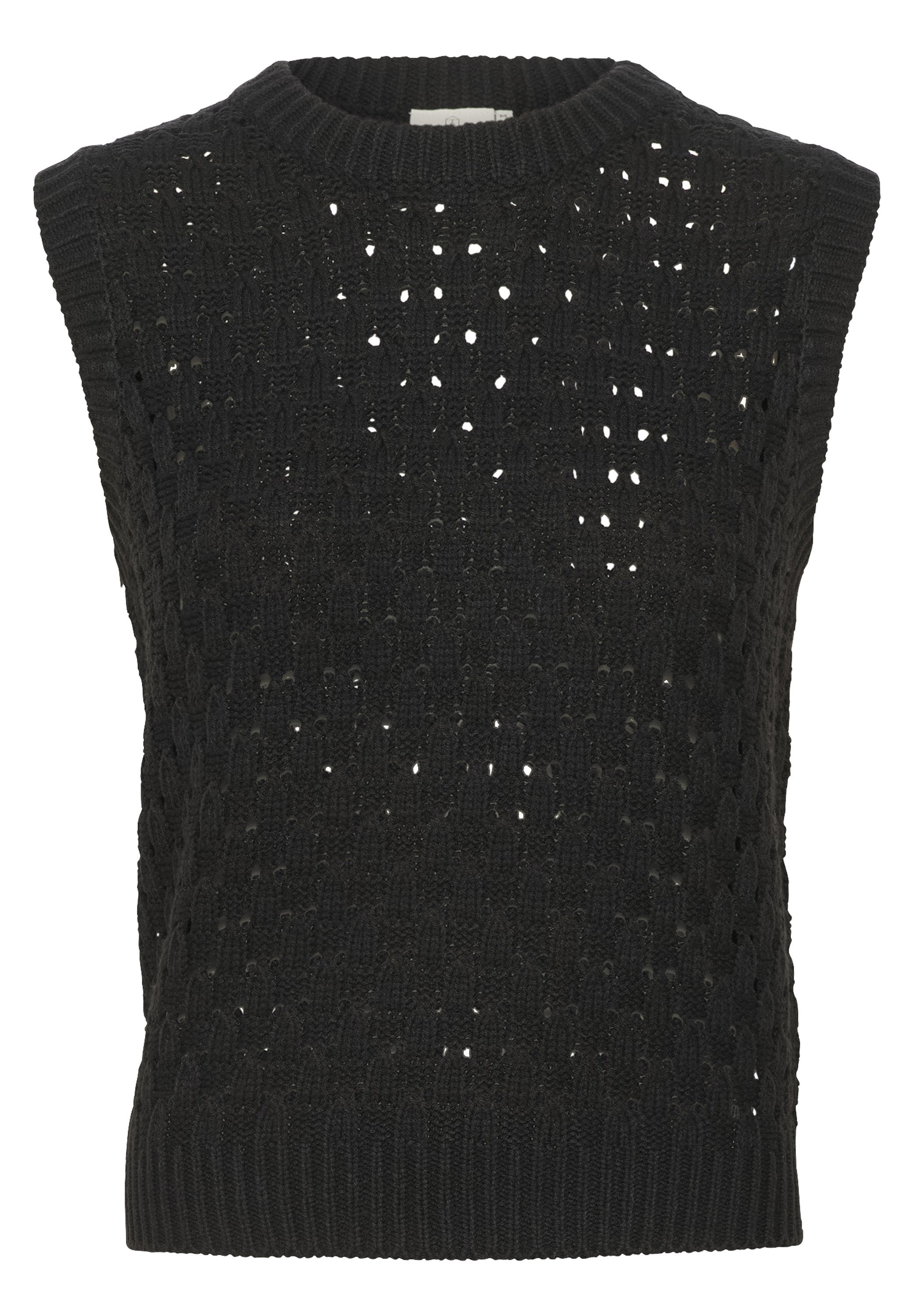 Schwarzes, gestricktes, ärmelloses Oberteil mit einem offenen Gewebemuster, geripptem Ausschnitt und strukturierten Details über den gesamten Körper.