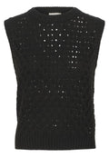 Schwarzes, gestricktes, ärmelloses Oberteil mit einem offenen Gewebemuster, geripptem Ausschnitt und strukturierten Details über den gesamten Körper.