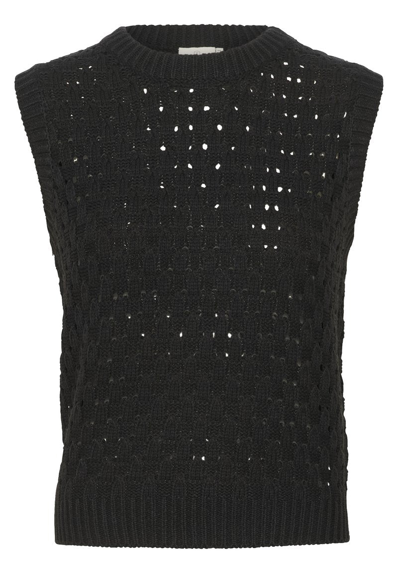 Schwarzes, gestricktes, ärmelloses Oberteil mit einem offenen Gewebemuster, geripptem Ausschnitt und strukturierten Details über den gesamten Körper.