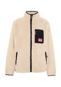 Fleecejacke in Creme mit schwarzen Akzenten. Verfügt über einen durchgehenden Reißverschluss, einen hohen Kragen, eine Brusttasche und zwei Seitentaschen. Weiche Textur.