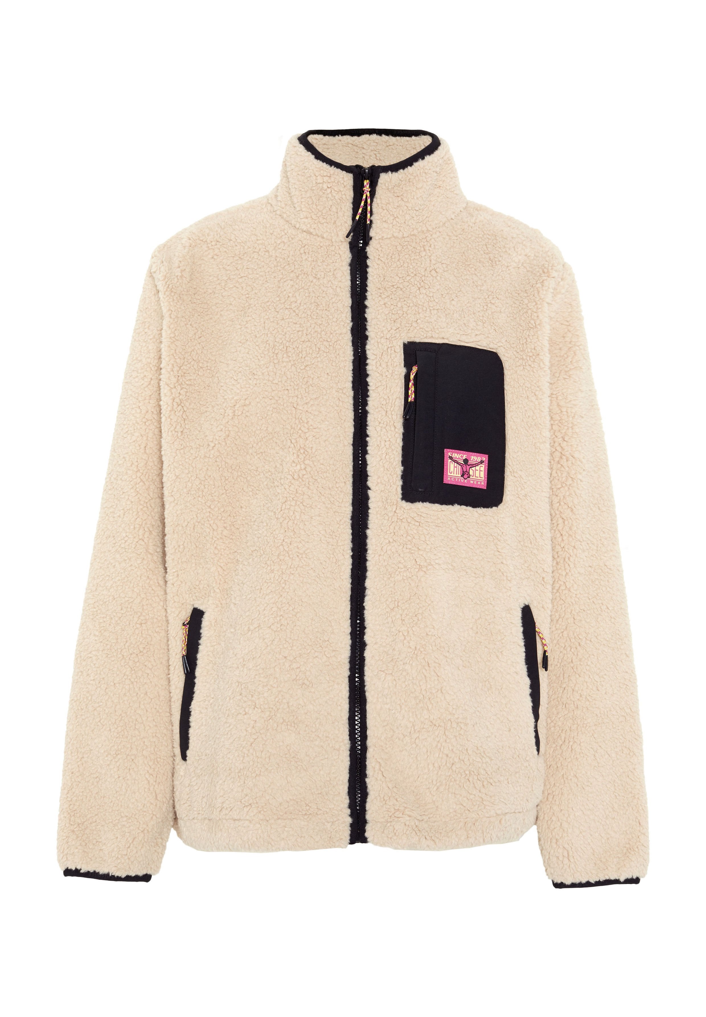 Fleecejacke in Creme mit schwarzen Akzenten. Verfügt über einen durchgehenden Reißverschluss, einen hohen Kragen, eine Brusttasche und zwei Seitentaschen. Weiche Textur.
