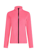 Rosa Fleece-Jacke mit hohem Kragen, schwarzem Reißverschluss, langen Ärmeln und einem Polartec-Logo am Ärmel.