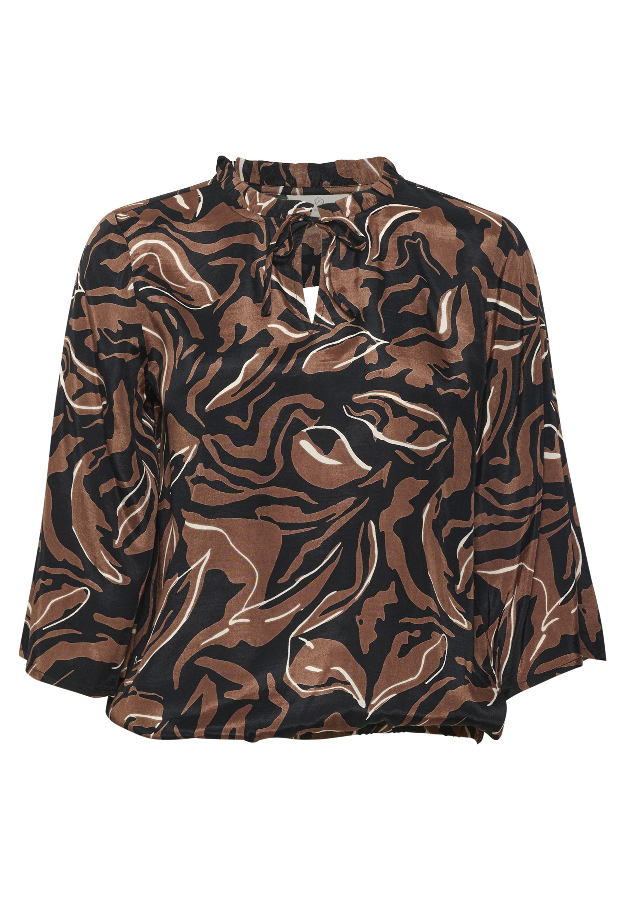 Braun- und schwarz gemusterte Bluse mit Krawattenkragen, 3/4-Ärmeln und fließendem Design. Glatte Textur mit abstraktem Druck.