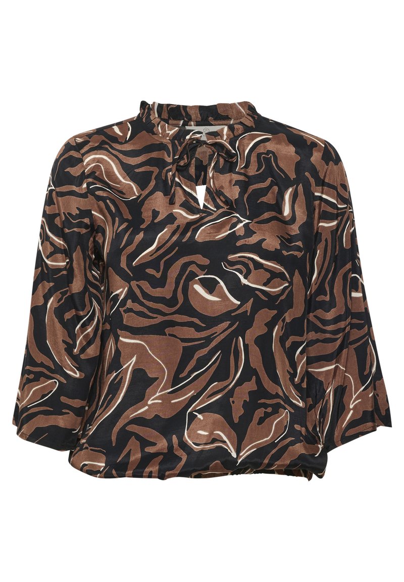 Braun- und schwarz gemusterte Bluse mit Krawattenkragen, 3/4-Ärmeln und fließendem Design. Glatte Textur mit abstraktem Druck.