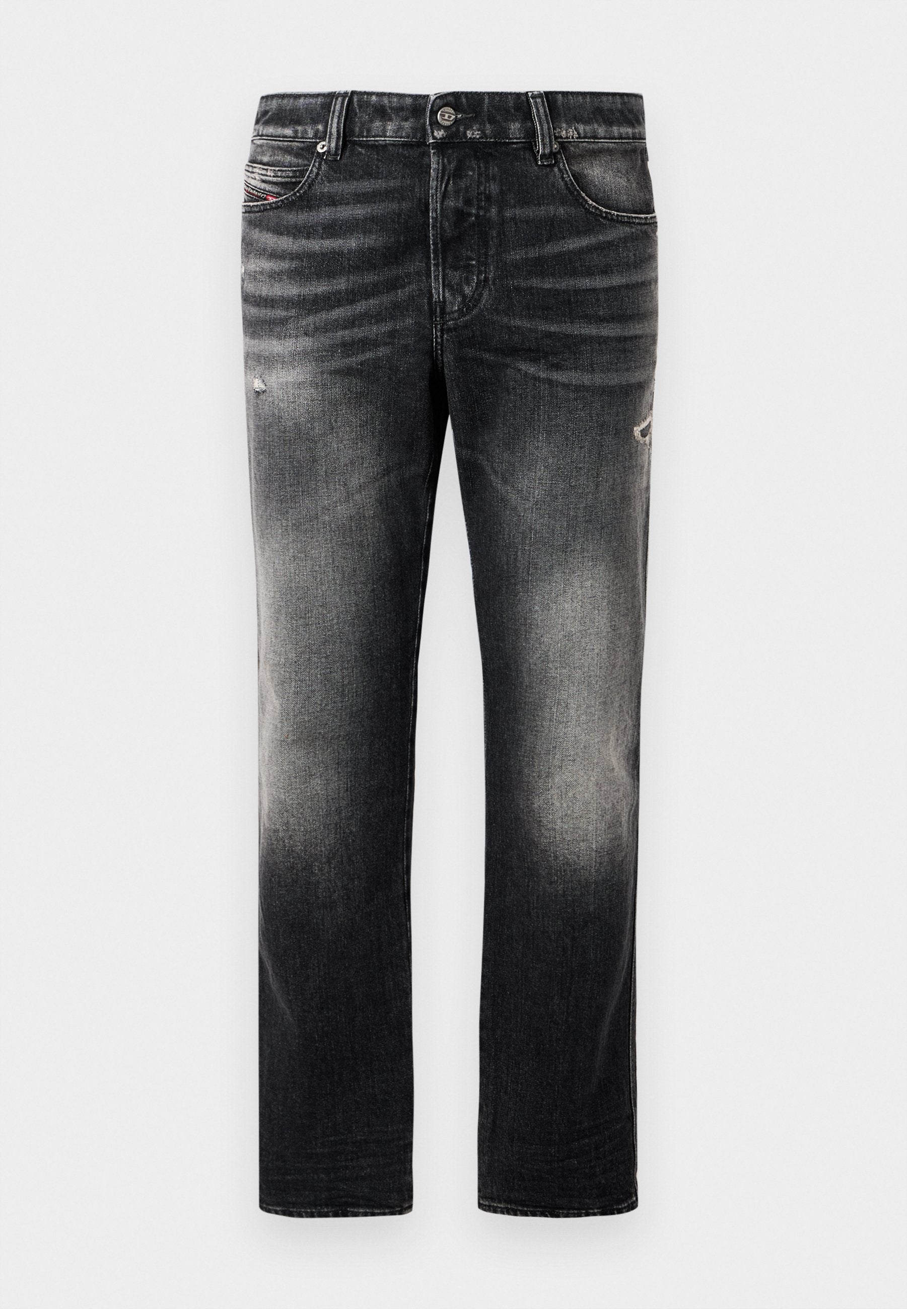 Schwarze Jeans mit einem verblassten Finish und verwaschenen Akzenten, klassisches Fünf-Taschen-Design und Reißverschluss. Hergestellt aus Denim-Stoff.