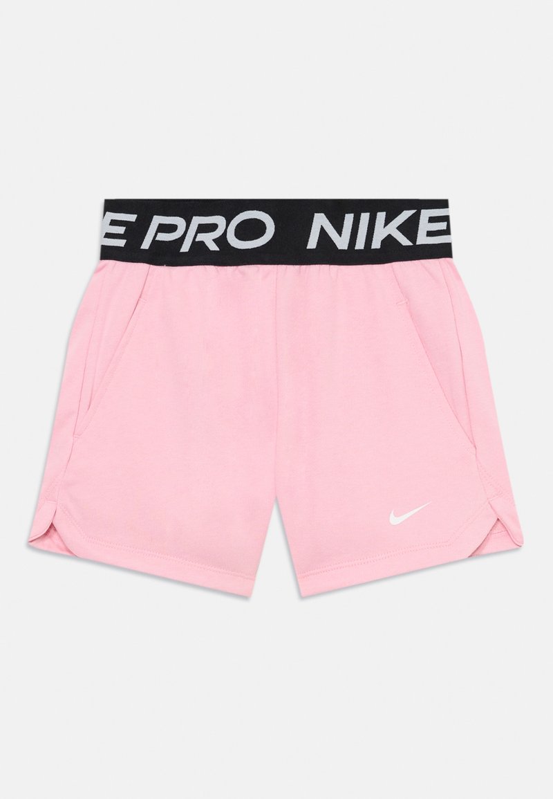 Rosa Sportshorts mit einem schwarzen elastischen Bund, auf dem "NIKE PRO" in Weiß steht. Mit Seitentaschen und einem kleinen weißen Nike-Logo.