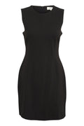 Schwarzes ärmelloses Kleid mit rundem Ausschnitt, taillierter Silhouette und Reißverschluss auf dem Rücken. Glattes Material ohne sichtbare Muster oder Akzente.