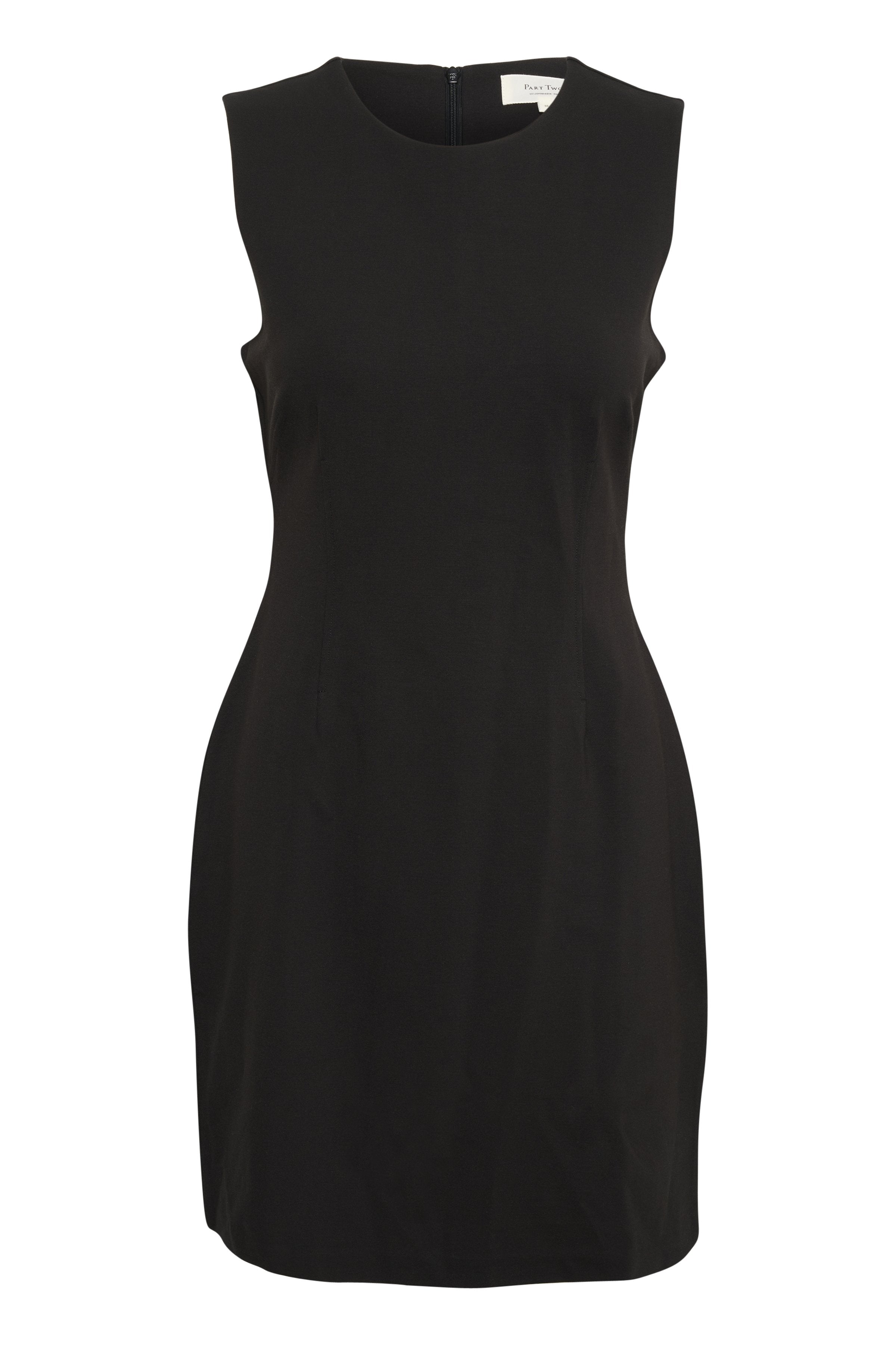 Schwarzes ärmelloses Kleid mit rundem Ausschnitt, taillierter Silhouette und Reißverschluss auf dem Rücken. Glattes Material ohne sichtbare Muster oder Akzente.