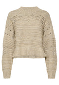Beige Strickpullover mit einem gerippten Rundhalsausschnitt, verkürzter Länge und strukturierten Mustern, die offene Muster und breite Ärmel aufweisen.