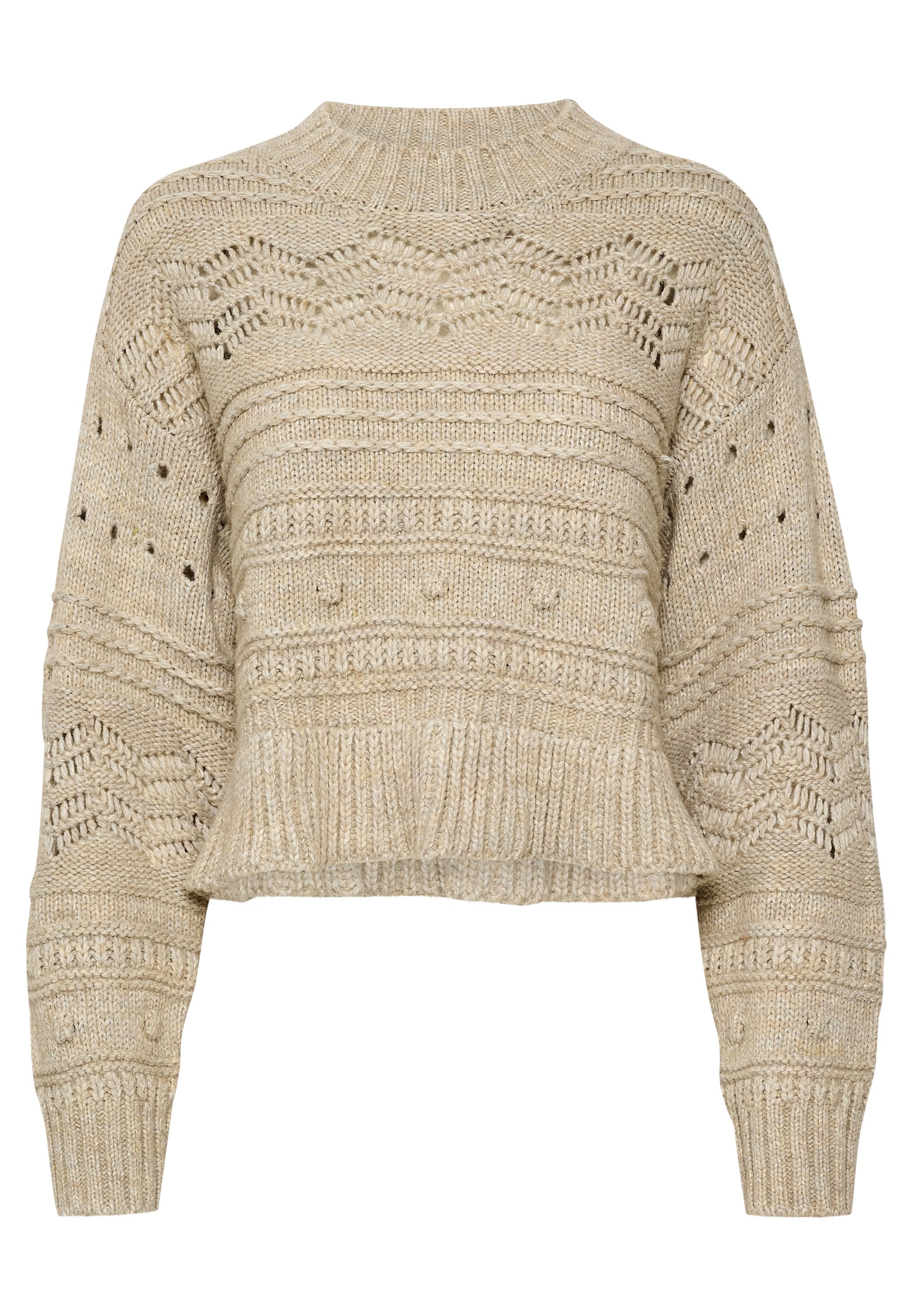 Beige Strickpullover mit einem gerippten Rundhalsausschnitt, verkürzter Länge und strukturierten Mustern, die offene Muster und breite Ärmel aufweisen.