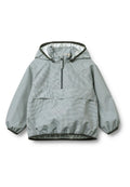 Leichte graue und schwarz karierte Pulloverjacke mit Kapuze, elastischen Bündchen und einer Fronttasche. Das Material hat eine glatte, wasserabweisende Oberfläche.