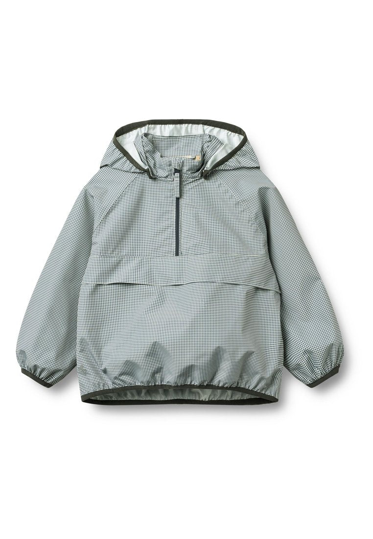 Leichte graue und schwarz karierte Pulloverjacke mit Kapuze, elastischen Bündchen und einer Fronttasche. Das Material hat eine glatte, wasserabweisende Oberfläche.