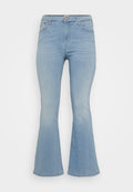 Helle blaue Schlagjeans aus Denim, mit einer hochgeschnittenen Taille, sanften Verblassungen und einem klassischen Fünf-Taschen-Design mit Knopfverschluss.