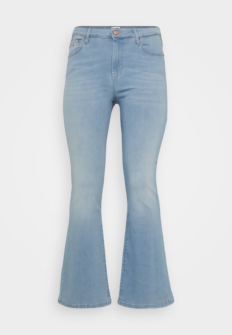 Helle blaue Schlagjeans aus Denim, mit einer hochgeschnittenen Taille, sanften Verblassungen und einem klassischen Fünf-Taschen-Design mit Knopfverschluss.