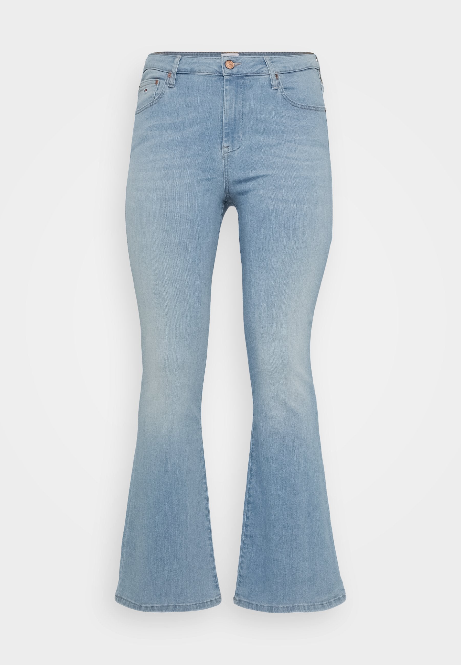 Helle blaue Schlagjeans aus Denim, mit einer hochgeschnittenen Taille, sanften Verblassungen und einem klassischen Fünf-Taschen-Design mit Knopfverschluss.