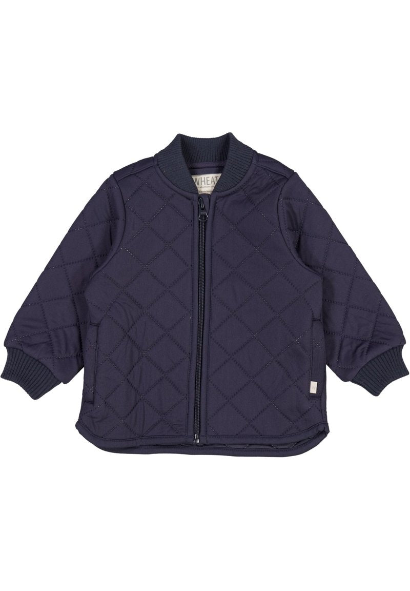 Marineblaue gesteppte Jacke mit durchgehendem Reißverschluss, gerippten Bündchen und Rundhalsausschnitt, versehen mit einem dezenten Rautenmuster.