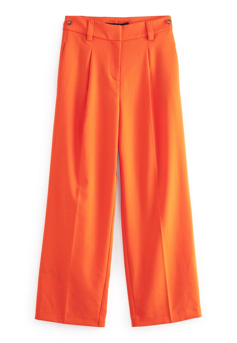 Weite Hosen in strahlendem Orange, aus glattem Stoff gefertigt. Verfügt über zwei Vorderfalten und Gürtelschlaufen mit runden Metallknöpfen an der Taille.