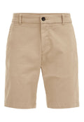 Beige Baumwollshorts mit Knopfverschluss, flachem Vorderteil und umgeschlagenem Saum. Verfügt über zwei Seitentaschen und eine glatte Textur.