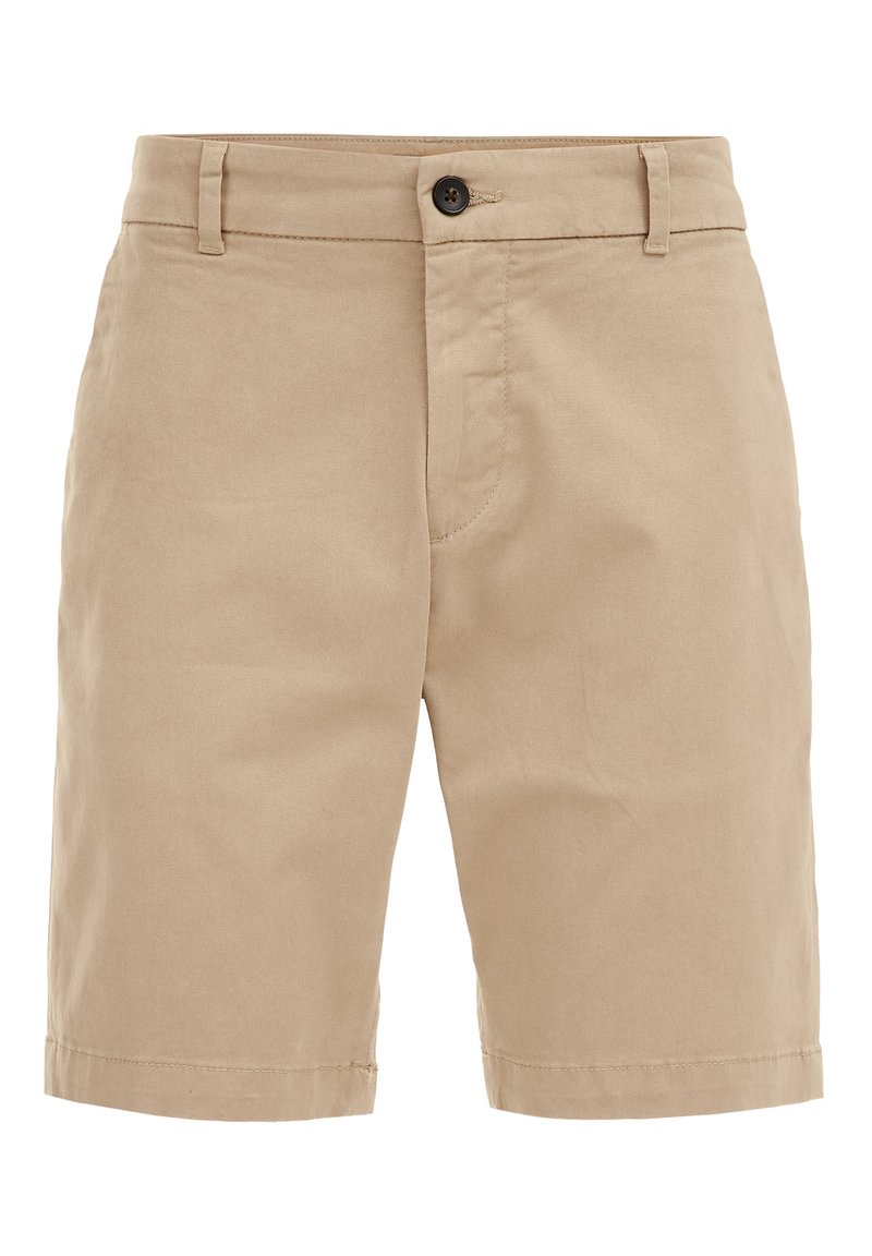 Beige Baumwollshorts mit Knopfverschluss, flachem Vorderteil und umgeschlagenem Saum. Verfügt über zwei Seitentaschen und eine glatte Textur.
