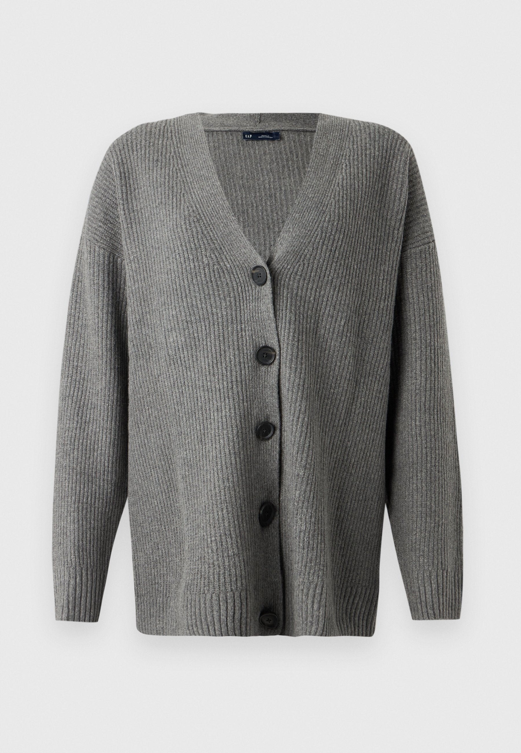 Grauer, gerippter Cardigan mit tiefem V-Ausschnitt, fünf schwarzen Knöpfen vorne und langen Ärmeln mit lässigem Schnitt.