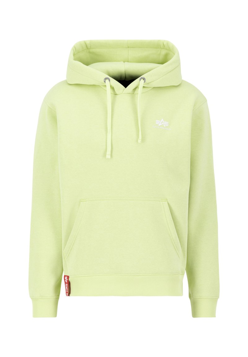 Helles grünes Hoodie aus weichem Stoff, mit einer Vordertasche, Kapuze mit Zugband und einem kleinen weißen Logo auf der Brust. Rotes Etikett am Saum.