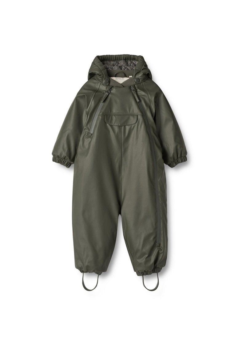 Grüner wasserdichter Overall mit Kapuze, elastischen Bündchen, Fronttasche und seitlichen Reißverschlüssen. Hergestellt aus glattem, strapazierfähigem Material.