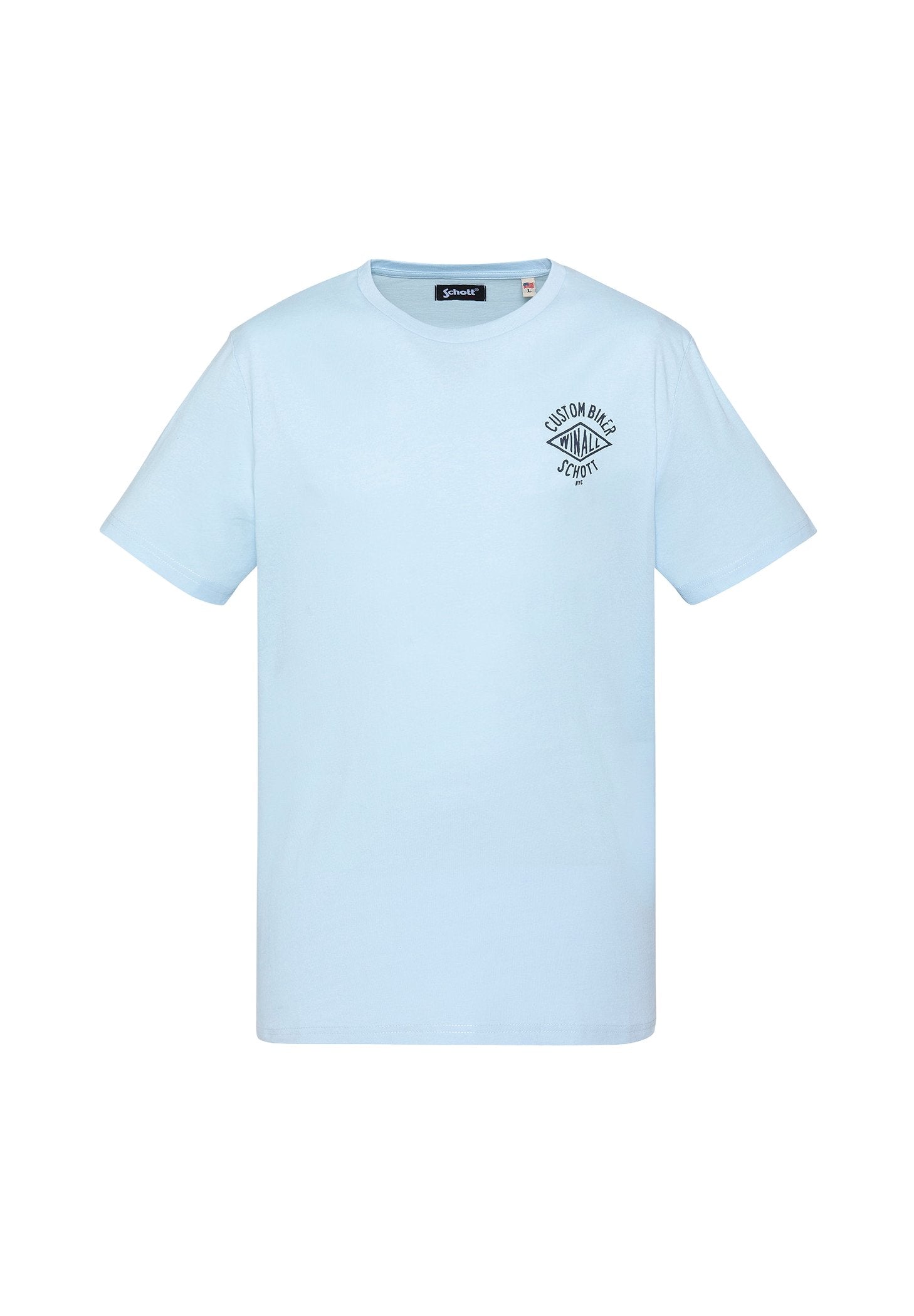 Hellblaues T-Shirt mit kurzen Ärmeln, kleinem schwarzem "Custom Biker Schott"-Logo auf der linken Brustseite und Rundhalsausschnitt.