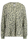 Leichte grüne Bluse mit einem Blattmuster in Weiß und Marineblau, Rundhalsausschnitt und elastischen Bündchen für einen bequemen Sitz.