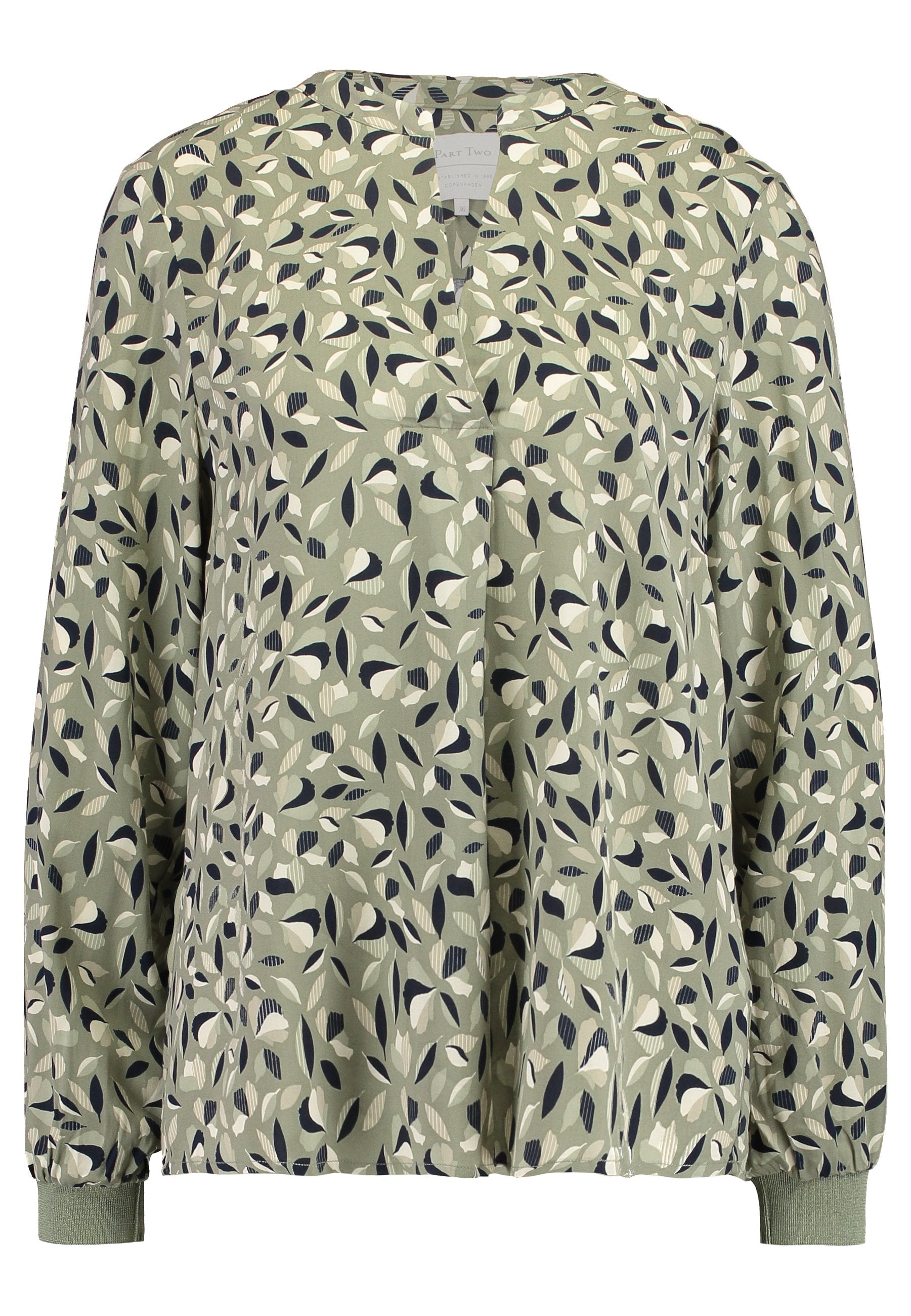 Leichte grüne Bluse mit einem Blattmuster in Weiß und Marineblau, Rundhalsausschnitt und elastischen Bündchen für einen bequemen Sitz.