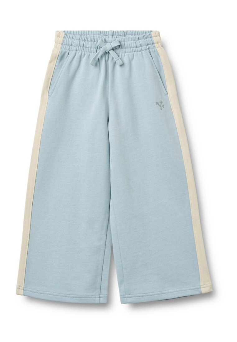 Hellblaue Jogginghose mit elastischem Bund und Kordelzug. Verfügt über cremefarbene Seitenstreifen, zwei Seitentaschen und eine weiche Textur.